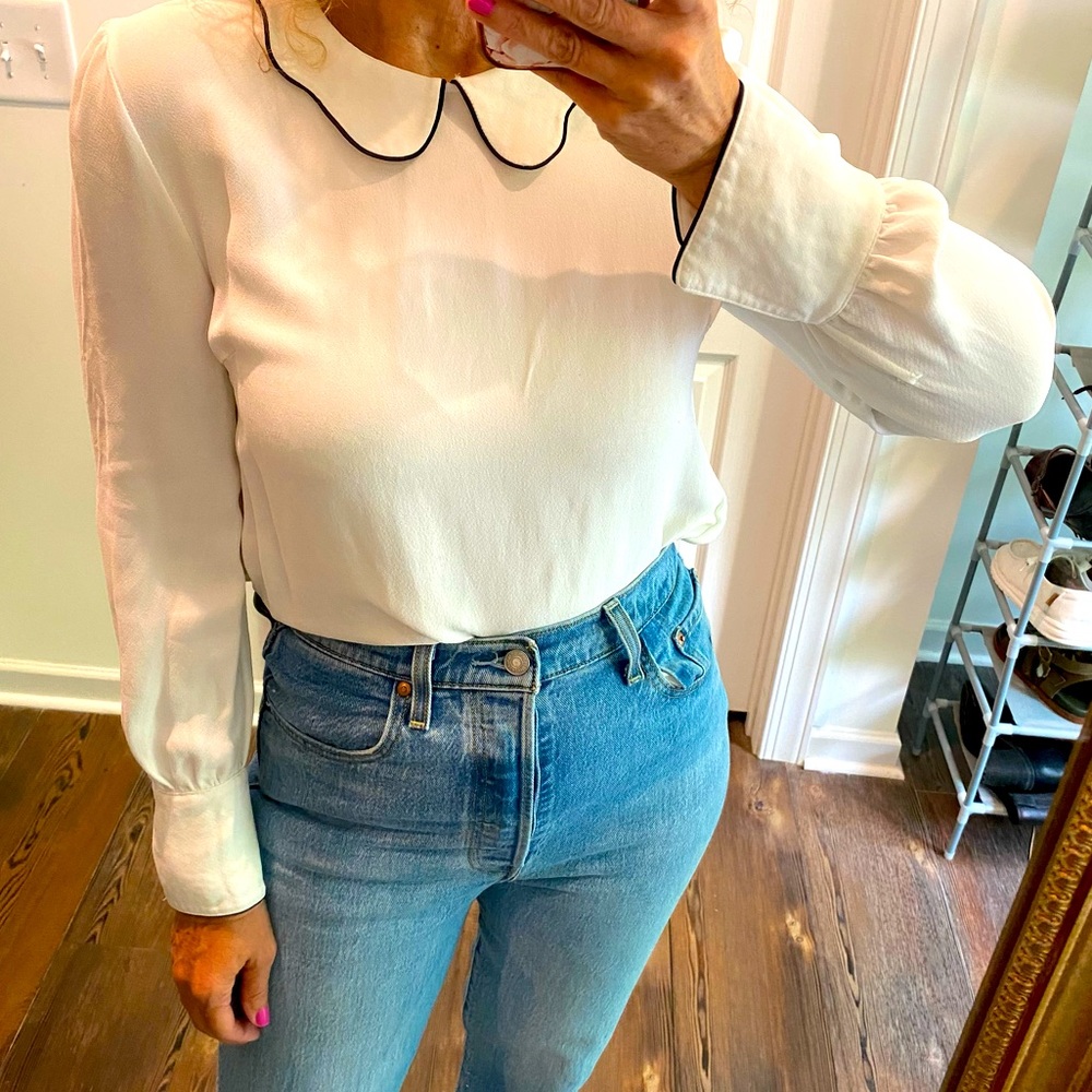 Boden White Blouse with Black Trim